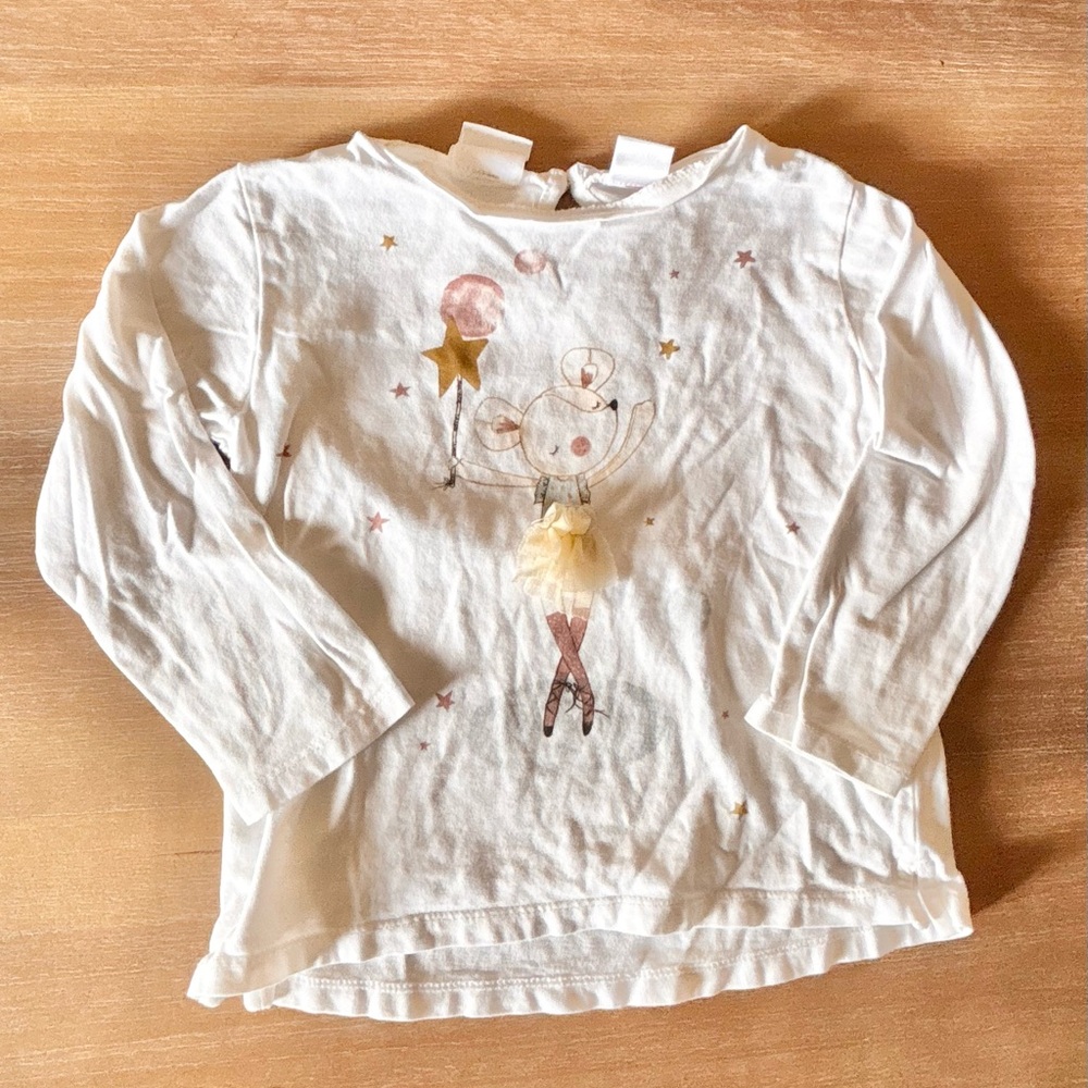 Zara Girls “Dance Theme” Long Sleeve White Tees, Sz 3-4Y Tutu Balletina Dance - Picture 7 of 10